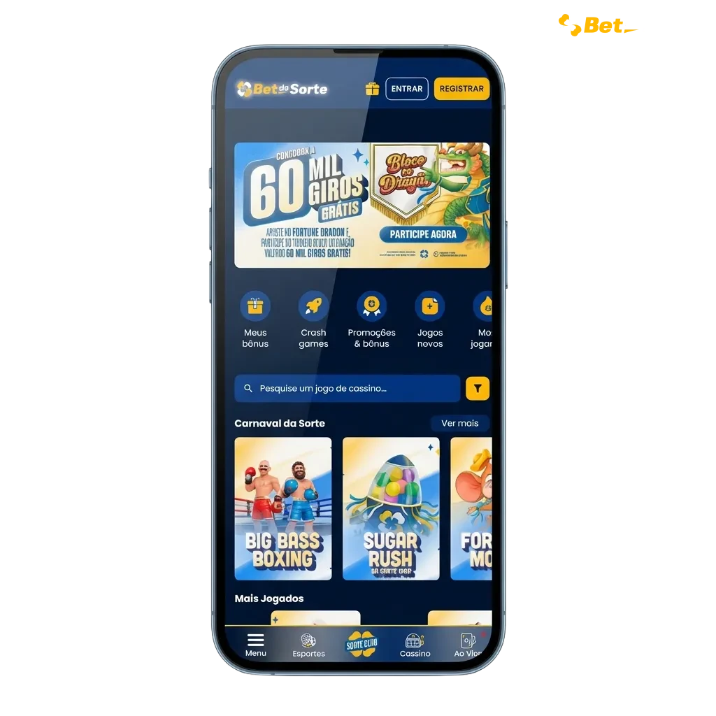 Tela de celular com app Bet dá Sorte aberto, destaque para bônus 100% até R$600 para apostas esportivas e cassino