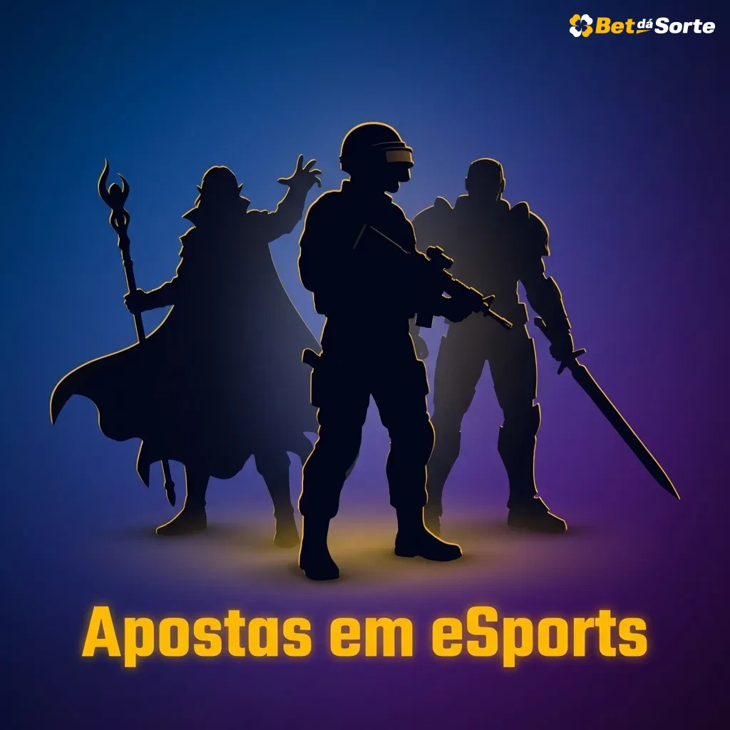 Banner de apostas em eSports da Bet dá Sorte com ícones de CS2, Dota 2, LoL e StarCraft 2 em telas de streaming