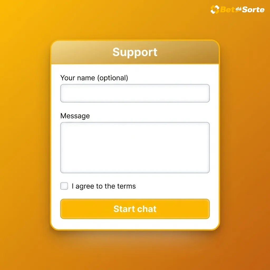 Ilustração de suporte Bet dá Sorte com ícones de chat, e-mail e FAQ em português para clientes do Brasil