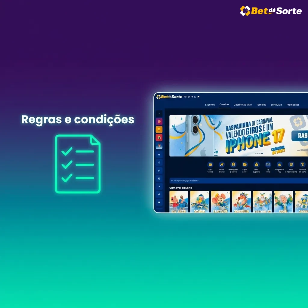 Tela de “Regras e Condições” da Bet dá Sorte destacando requisitos de idade, conta única e verificação de identidade