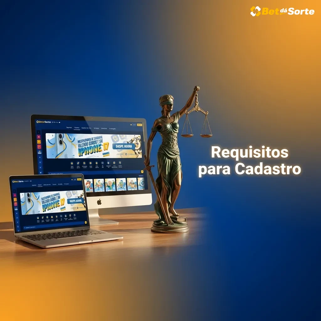 Ilustração com lista de requisitos de cadastro: maior de 18, dados verdadeiros, um usuário, documentos e conta bancária própria