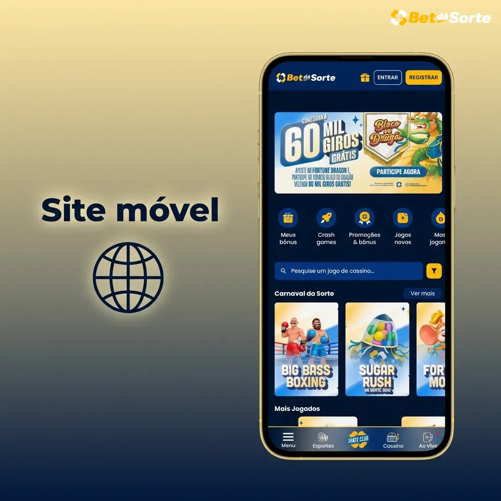 Tela de site móvel Bet dá Sorte em smartphone, com menus em carrossel, botões grandes e navegação vertical para apostas.